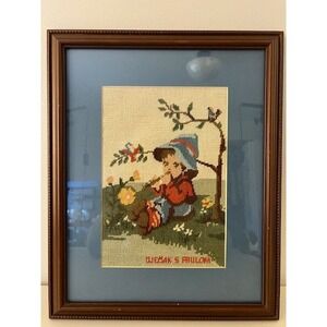 Vintage Hummel Style Needlepoint Framed Art Djecak S Frulom Boy with Flute 12x15